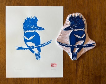 Martin-pêcheur d'Amérique, linogravure, impression d'art originale, art de la nature, édition limitée, illustration d'oiseau, sculpté et imprimé à la main, oeuvre d'art bleue