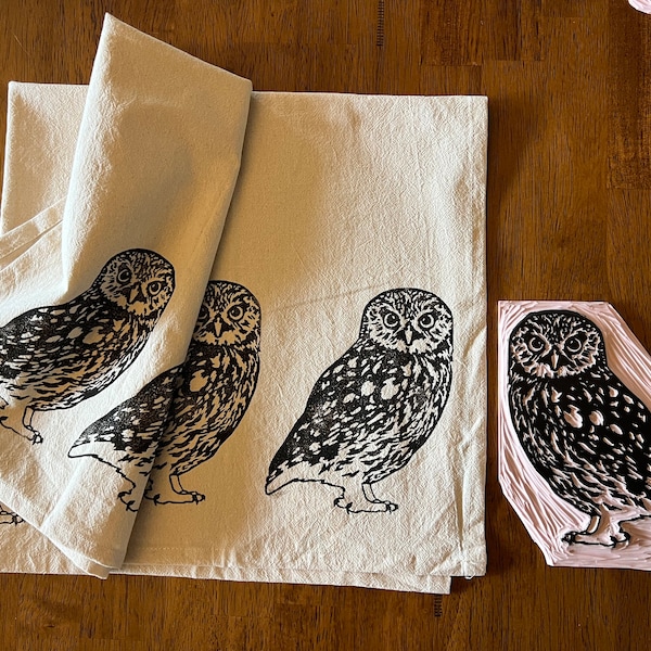 Burrowing Owl Tea Towel, Linocut, original art print, nature art, limited edition, bird illustration, hand carved and printed, artwork