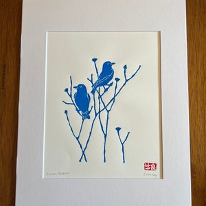Mountain Bluebirds, Linocut, original art print, nature art, limited edition, bird illustration, hand carved and printed, blue artwork