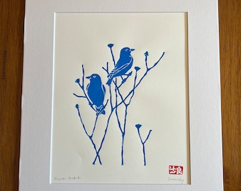 Merlebleu des montagnes, linogravure, impression d'art originale, art de la nature, édition limitée, illustration d'oiseau, sculpté et imprimé à la main, oeuvre d'art bleue