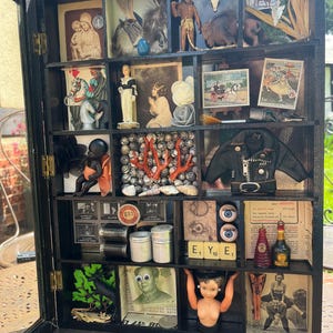 Peut inclure: Une vitrine de présentation en bois noir à compartiments multiples contenant une collection éclectique de figurines miniatures, de timbres-poste vintage, de petites photos en noir et blanc, de parties de poupées, de coquillages et divers objets.