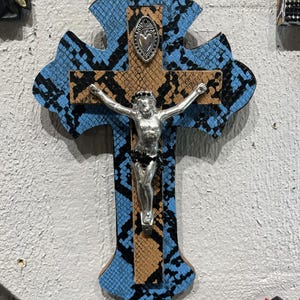 Turquoise Blue Snakeskin Wall Cross, Camel Python Crucifix, Silver Sacred Heart Altar Art, Electric Gothic Punk Decor, Modern Sacred Kitsch