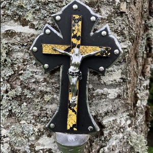 Yellow Snakeskin Gothic Wall Cross with Stoup, Black Heavy Metal Crucifix, Silver Studded Python Sacred Art, Industrial Punk Holy Water Font