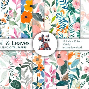 20 Floral and leaves seamless pattern, Printable set, commercial use. water color scrapbook paper, Floral leaves, Botanical background