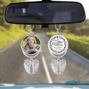 Custom Photo Angel Wings Memorial Hanging Charm, Rear View Mirror Charm, Personalized Memorial Ornament Charm, Custom Picture Charm A09