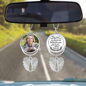 Custom Photo Angel Wings Memorial Hanging Charm, Rear View Mirror Charm, Personalized Memorial Ornament Charm, Custom Picture Charm A02