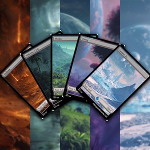 May include: Five Magic: The Gathering trading cards with various landscape art. The cards are labeled "Hellfire", "Malevelen Creek", "Meridia", "Turing", and "Vandalon IV". Each card is a "Basic Land" card.