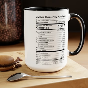 May include: White ceramic mug with a black handle and rim. The mug has a nutrition label printed on it that reads "Cyber Security Analyst" and lists various categories such as "Operating Systems", "Hard Working", "Problem Solving Skills", "Caffeine Intake", "Motivation", "Proper Sleep", "Positive Attitude", "Failure Acceptance", "Quality of Work", and "Total Freaking Awesomeness". Each category has a percentage value next to it.