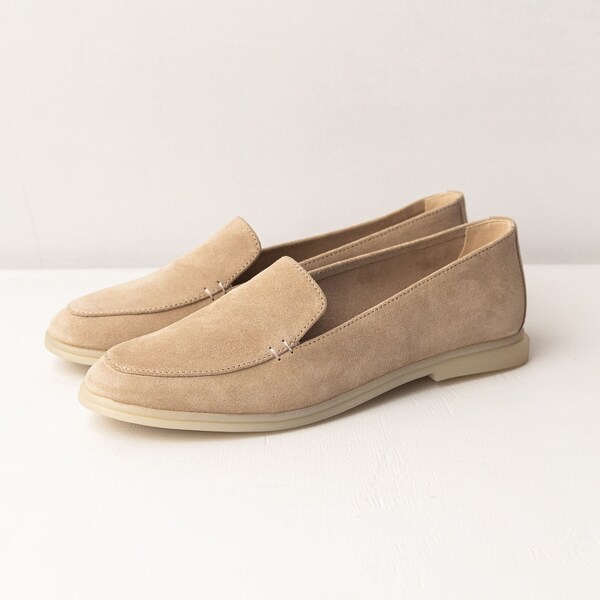Loafers, Flat Beige Suede Women's Loafers, Women Handmade Almond Toe Loafers, Women's Shoes Without Laces with Flat Soles