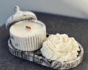 Juego de velas perfumadas de soja con mecha de madera en maceta de yeso decorada - peonía - soporte de yeso - decoración del hogar