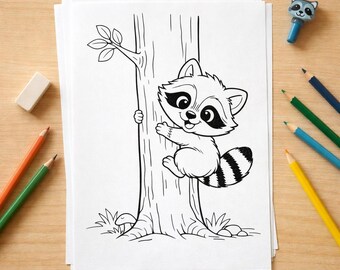 Raccoon Coloring Book, Woodland Forest Scenes, 10 Pages PDF