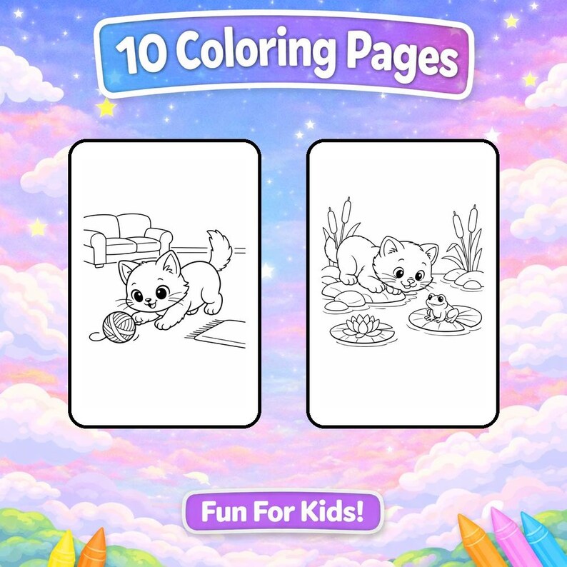 Kitten Coloring Pages PDF – 10 Cat Activity Scenes for Kids - Etsy