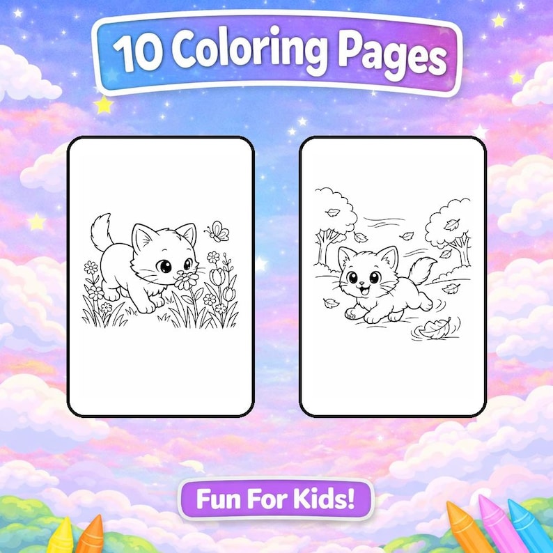 Kitten Coloring Pages PDF – 10 Cat Activity Scenes for Kids - Etsy
