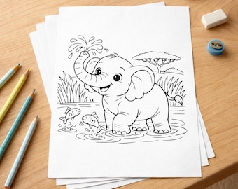 Baby Elephant Coloring Book 10 Pages Safari Adventure Printable PDF