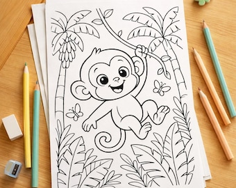 Monkey Coloring Book 10 Pages Jungle Adventure Scenes for Preschool