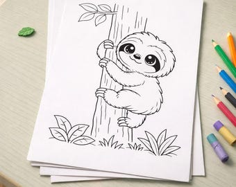 Sloth Coloring Pages Bundle 10 Pages Jungle Tree Kids Activity Book Digital Download