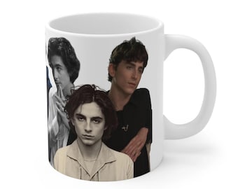 May include: White ceramic mug with a collage of images of a man with dark hair. The images are arranged in a vertical pattern. The mug has a white handle.