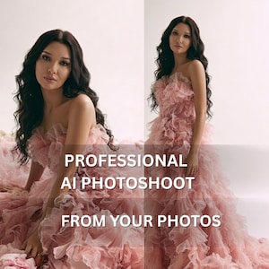 Op de afbeelding: Twee afbeeldingen van een persoon in een strapless, geplooide roze jurk. De tekst "PROFESSIONAL AI PHOTOSHOOT FROM YOUR PHOTOS" staat over de afbeelding. De achtergrond is wit en er zijn roze bloemen.