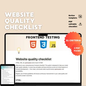 May include: A digital product mockup featuring a website quality checklist. The image displays a tablet and a phone showing the checklist, with the text "FRONTEND TESTING" and "Website quality checklist". Includes icons for HTML, CSS, and JS.