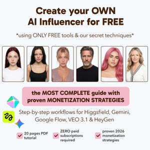 Könnte beinhalten: Werbegrafik mit dem Text "Erstelle deinen eigenen KI-Influencer KOSTENLOS". Sie zeigt sechs Kopfbilder verschiedener Personen und ein rosa Banner mit der Aufschrift "der VOLLSTÄNDIGSTE Leitfaden mit bewährten MONETISIERUNGSSTRATEGIEN."