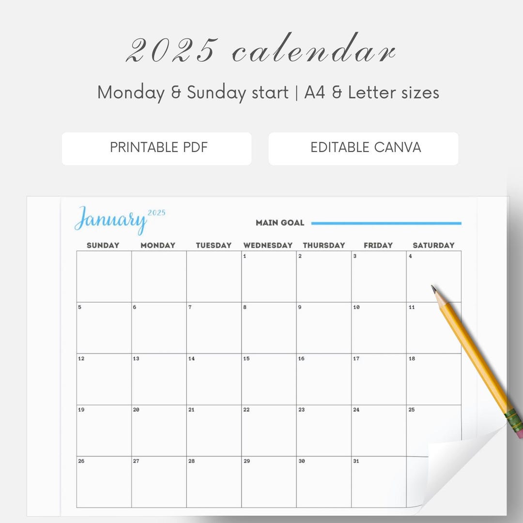 2025 Calendar | Monthly Planner | Printable Horizontal Landscape Pdf