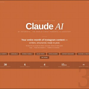 May include: An orange graphic with white text promoting "Claude AI" for Instagram content. The text highlights features like Reels scripts, carousels, and sales posts. Includes a countdown of 30 scripts, 6 formats, and a 15-minute posting time.