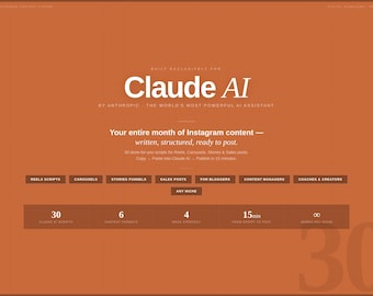 Claude AI Instagram Content Kit | 30-Day Social Media Ideas | Reels, Carousels & Stories | AI Guide