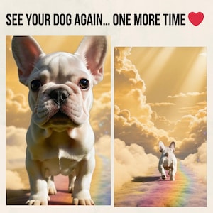 Puede incluir: Imagen de dos paneles de un bulldog francés blanco. A la izquierda, el perro mira hacia adelante sobre un fondo nublado. A la derecha, el perro corre sobre un camino de arcoíris hacia el cielo. Texto: SEE YOUR DOG AGAIN... ONE MORE TIME ❤️.