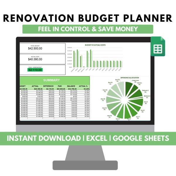 Home Renovation Planner - Renovation Budget Planner for Excel & Google Spreadsheets - Spreadsheet for home renovation