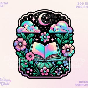 Puede incluir: Una ilustración digital de un libro abierto con páginas iridiscentes, rodeado de flores y nubes. El libro está situado sobre un fondo azul oscuro con estrellas y una luna creciente.