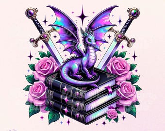 Dragón de libro de fantasía PNG, clipart de amante de los libros, espadas y flores artísticas, dragón leyendo, PNG de libros, lindo diseño de libros de moda para pegatinas