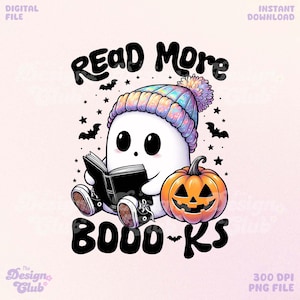 Op de afbeelding: Digitale illustratie van een vriendelijk spook met een kleurrijke muts, lezend in een boek en zittend naast een pompoen. De tekst "READ MORE BOOKS" staat boven en onder het spook. Vleermuizen en sterren zijn verspreid.