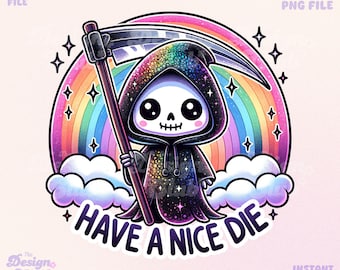 虹色のキュートで皮肉な死神PNG、素敵な死神のクリップアート、皮肉なTシャツ昇華デザイン、大人のユーモア、面白い骸骨