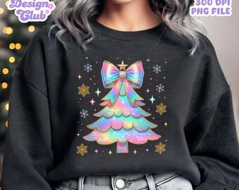 Colorful Christmas Tree PNG, Christmas Coquette PNG, Iridescent Christmas Girly Clipart, Cute Glitter Holiday, Trendy Shirt Sublimation