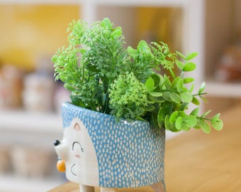 Cute Blue Hedgehog Planter with Orange - Handmade Ceramic Pot,Succulent planter,Whimsical garden pot,pottery gift,Adorable indoor planter