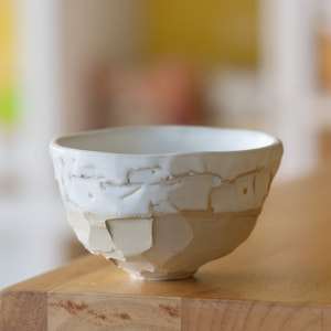 May include: A white ceramic bowl with a textured, cracked glaze. The bowl has a rounded shape and a slightly flared rim.