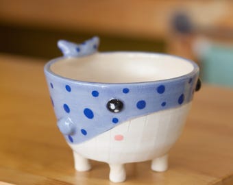 Cute Whale Ceramic Planter–Handcrafted Succulent Pot with Blue Polka Dots,whale planter, ceramic whale pot,cute animal pot,blue whale decor