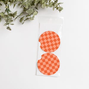 Orange Checkered Car Coasters | Set of 2 Neoprene Car Cup Holder Coasters | Fun Car Decor | Gift for Her