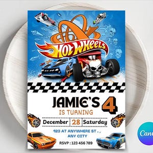 Bearbeitbare Hot Cars-Einladung, Hot Wheels-Einladung, Heiße Rennautos-Geburtstagsvorlage, Hot Wheels-Vorlage, bearbeitbare Kindergeburtstagseinladung