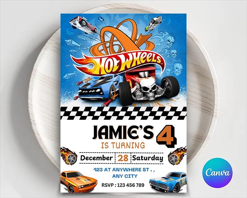 Editable Hot Cars Invitation, Hot Wheels Invitation, Hot Race Cars Birthday Template, Hot Wheels Template, Editable Kids Birthday Invitation