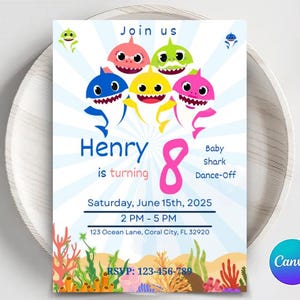 Baby Hai Geburtstagseinladung: Bearbeitbare Canva Vorlage (Digitaler Download)