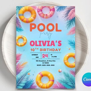 Pool Party Invitation, Summer Girl Birthday Party, Splish Splash Birthday Invitation, Editable Template, Phone Invite Printable
