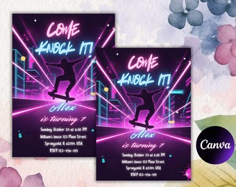 Glow Roller Skating Birthday Invitation: Neon Party (Canva Editable)