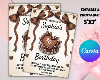 Retro Cake Birthday Invitation, Brown Coquette Invite (Digital Download)