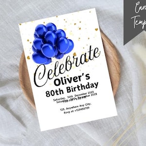 Editable Blue Balloons 80th Birthday Invitation, Printable Adult 80th Birthday Invite, Blue & White Birthday Party, Digital Canva Download