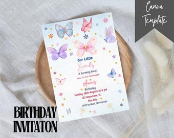 Invitación de cumpleaños de mariposa: Invitación editable para fiesta de niña (Descarga digital)
