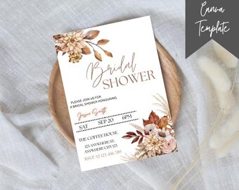 May include: A white bridal shower invitation with a floral design featuring beige and brown flowers, leaves, and dried grasses. The text on the invitation reads "Bridal Shower", "Please join us for a bridal shower honouring", "Jenna Scott", "Sat", "Sep 20", "6pm", "The Coffee House", "123 Anywhere St.", "Anywhere City 123", and "RSVP at 123-456-789".