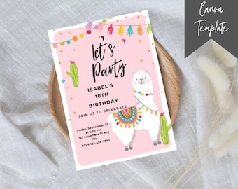 Llama Fiesta Birthday Invitation: Editable Cactus Party (Canva Template)