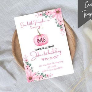 Pink Pumpkin First Birthday Invitation: Fall Party, Canva Template