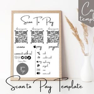 Modelo editável de digitalização para pagamento, digitalização de código QR imprimível para pequenas empresas, modelo de conexão conosco, sinal de pagamento, lista de preços de digitalização de produtos